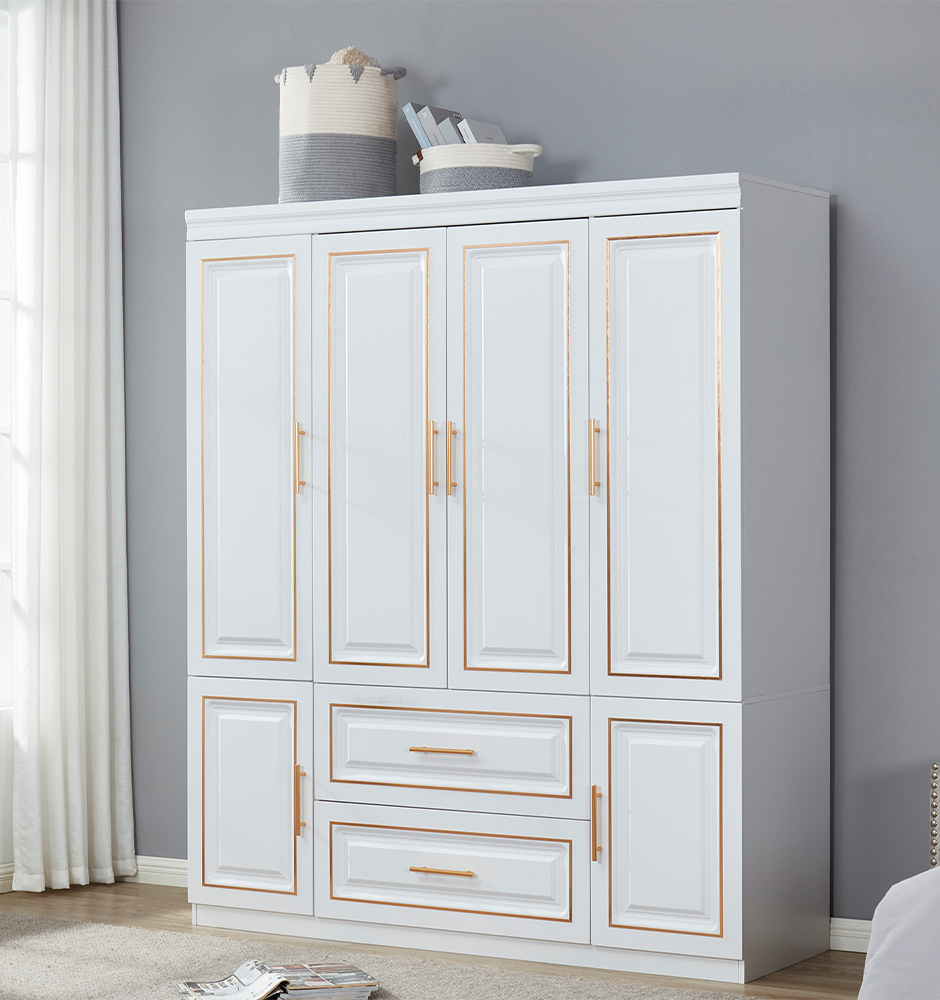 LivelyLodge 74 H 4 Doors Wardrobe Closet 2 Drawers White Wooden Closet Wardrobe Freestanding Bedroom Armoire Clothes Storage Cabinet Bathroom Storage Shelf with Hanging Rod Clothes Organizer