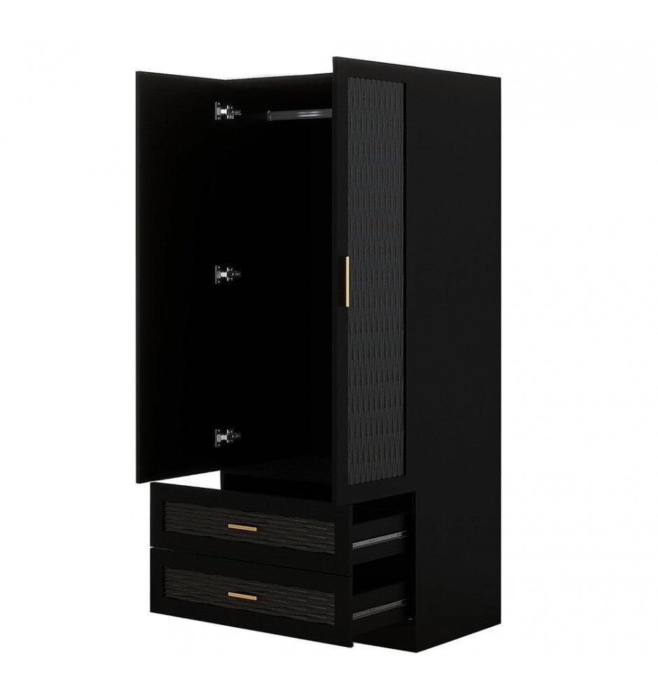 Modern Wooden Closet Armoire Wardrobe with 2 Doors, Hanging Rod, 2 Drawers, Mirror, Shelving Large Capacity Clothes Storage Wardrobe for Bedroom Black