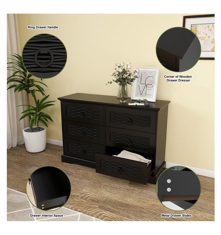Wood Drawer Dresser with 6 Drawers, 47 Wide Farmhouse Tall Chest of Drawers for Bedroom, Living Room, Hallway, Entryway, Modern Drawers Organizer Large Storage Capacity Cabinet, Black