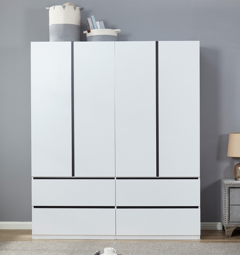 LivelyLodge 74.2 H 4 Doors White Wood Wardrobe Closet Armoire with Black line Bedroom Freestanding Clothes Storage Closet Bathroom Storage Organizer Wardrobe Closet Cabinet with Hanging Rod