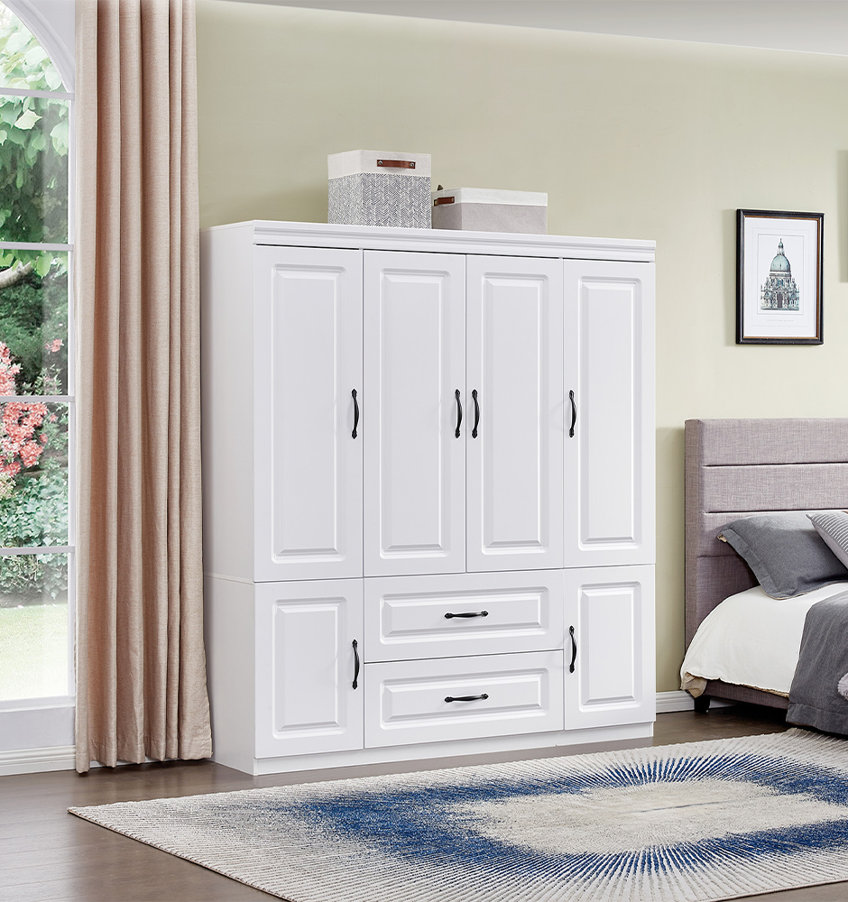 LivelyLodge 74 H Closet 4 Doors White Wooden Armoire Wardrobe Closet Freestanding Clothes Storage Closet Bedroom Armoires Wood Wardrobe Storage Closet Cabinet with Hanging Rod Shelf 2 Drawers