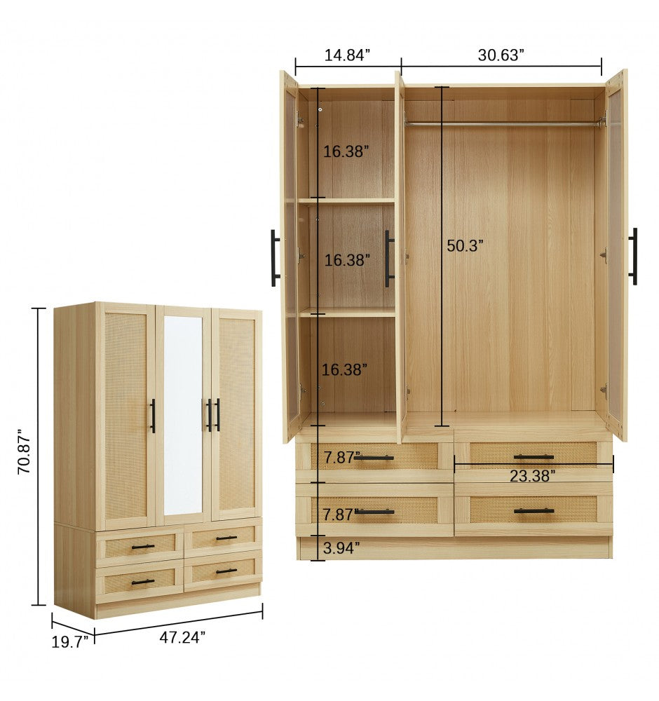Rattan Wardrobe Closet with 3 Doors, 71H Armoire Wardrobe Closet with Mirror, Clothes Cabinet Closet Wardrobe for Bedroom, Wooden Wardrobe Cabinet with Hanging Rod, Rattan Bedroom Armoires