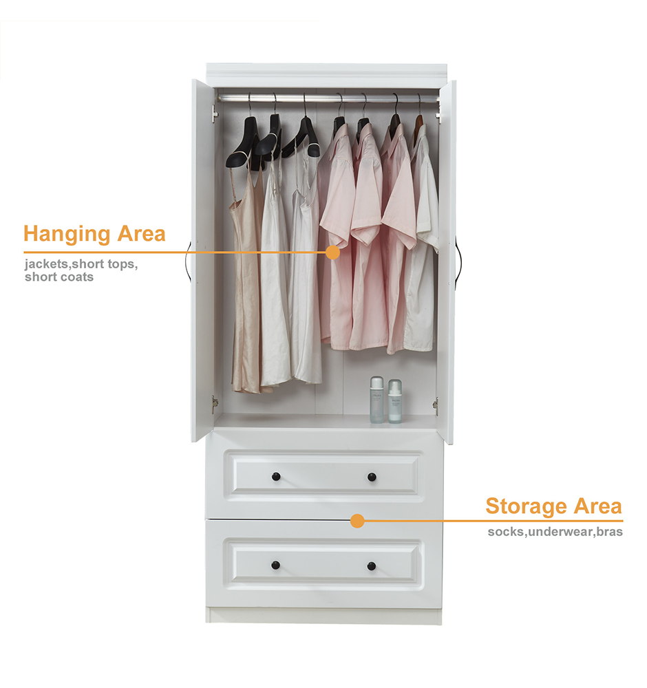 LivelyLodge 74H Wardrobe Closet with 2 Doors White Armoire Wardrobe Closet Clothes Storage Closets Cabinet Wooden Bedroom Armoires Large Closet with Hanging Rod 2 Drawers Clothes Cabinet