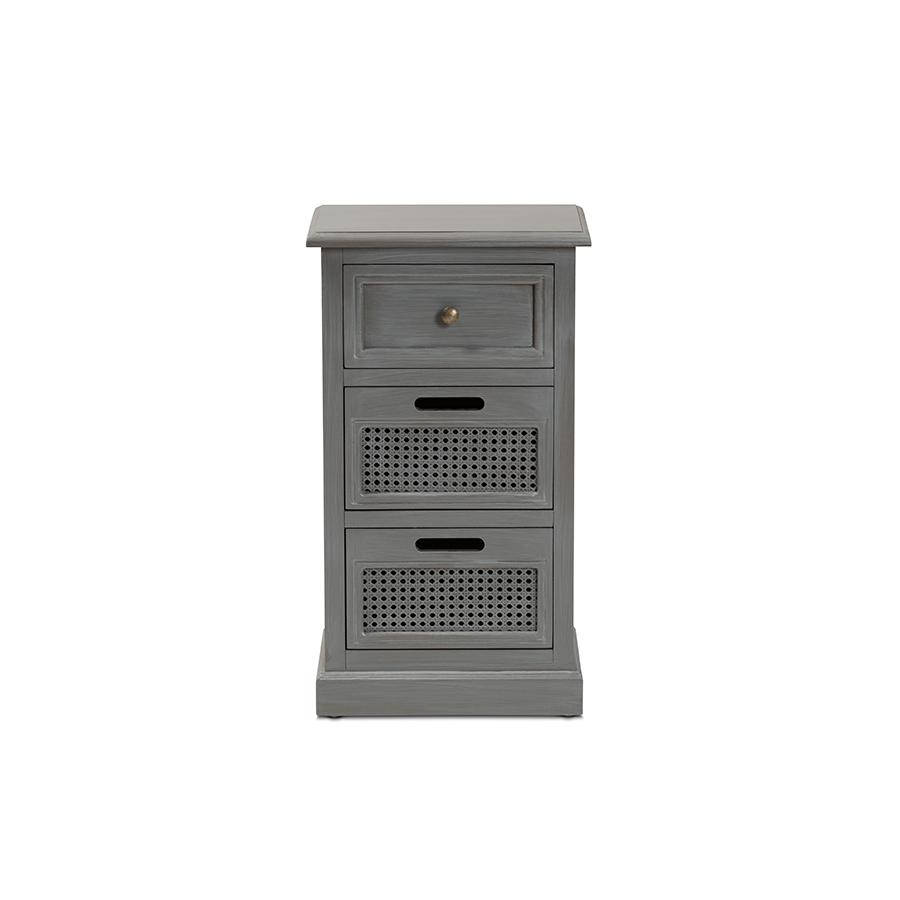Vintage Grey Finished Wood and Synthetic Rattan 3-Drawer End Table