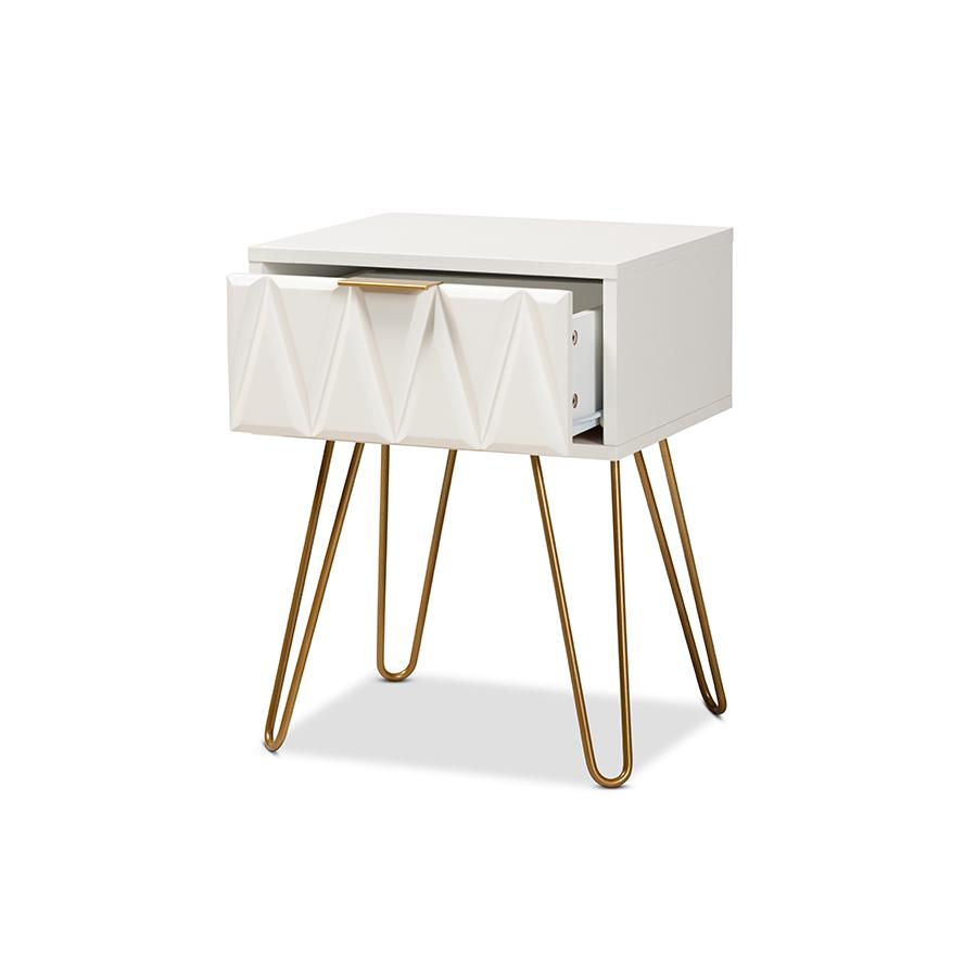 Glam and Luxe White Finished Wood and Gold Metal 1-Drawer End Table