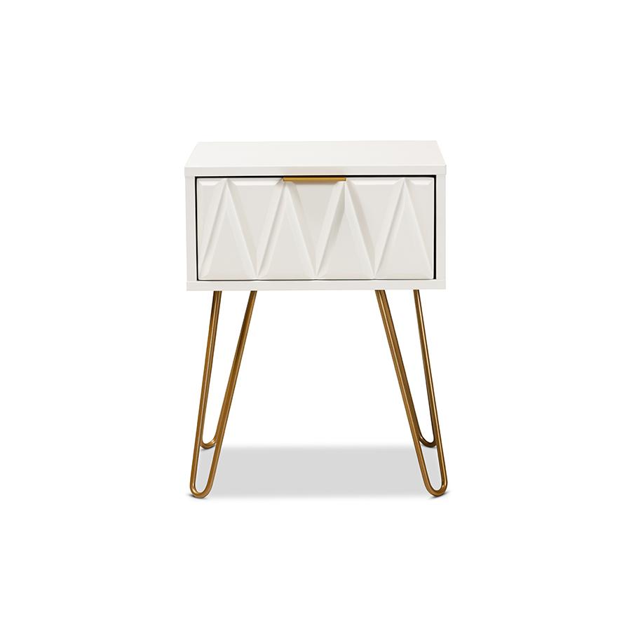 Glam and Luxe White Finished Wood and Gold Metal 1-Drawer End Table