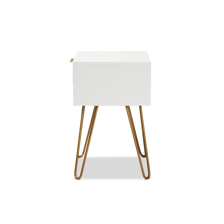 Glam and Luxe White Finished Wood and Gold Metal 1-Drawer End Table