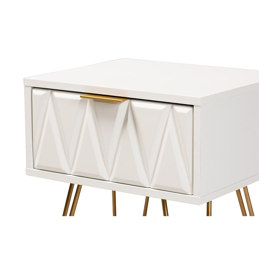Glam and Luxe White Finished Wood and Gold Metal 1-Drawer End Table