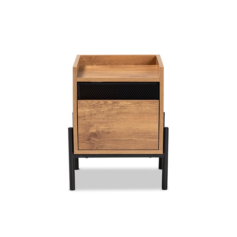 Industrial Natural Brown Finished Wood and Black Metal End Table