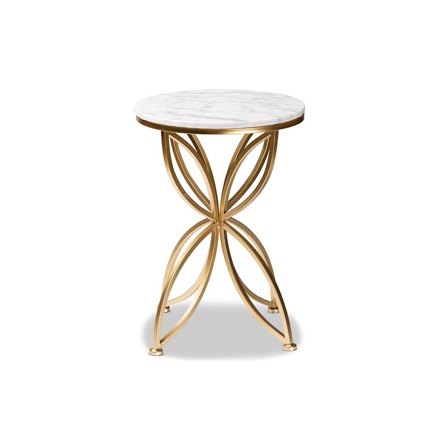 Gold Finished Metal End Table with Marble Tabletop