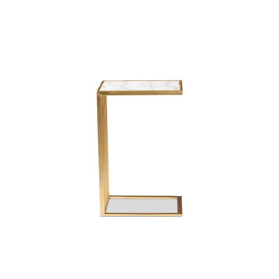 Gold Finished Metal C Shaped End Table with Marble Tabletop