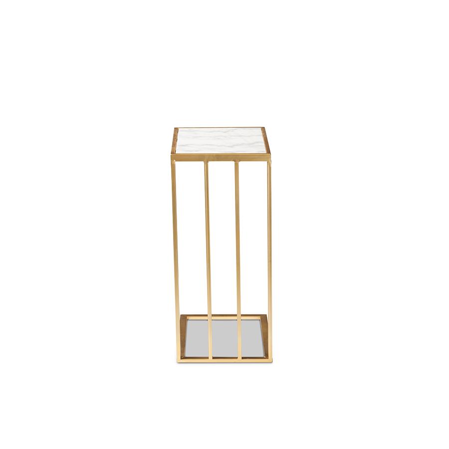 Gold Finished Metal C Shaped End Table with Marble Tabletop