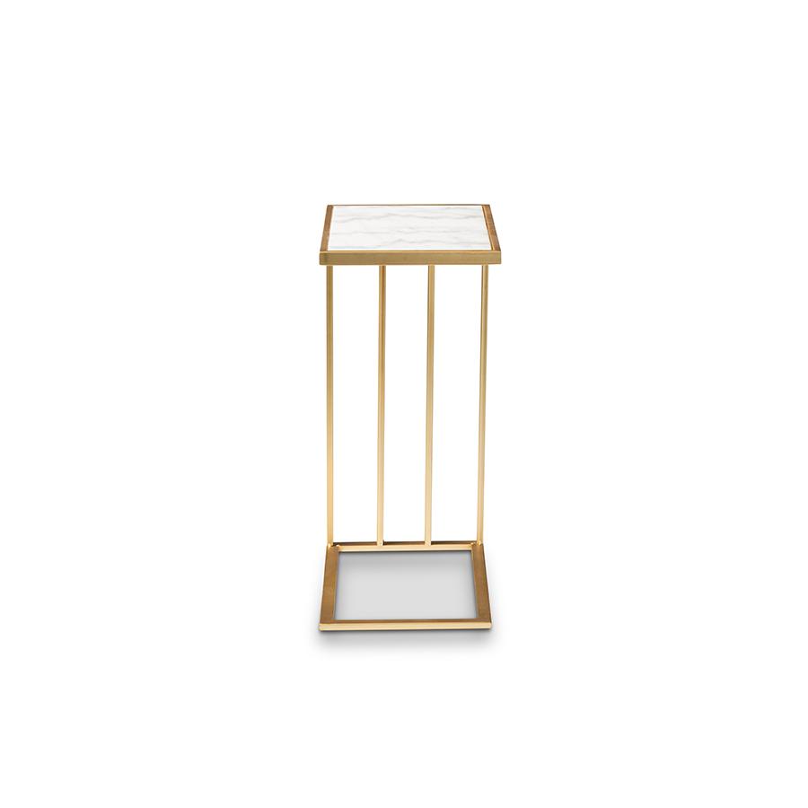 Gold Finished Metal C Shaped End Table with Marble Tabletop