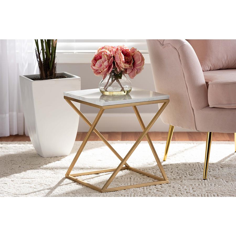 Gold Finished Metal End Table with Marble Tabletop