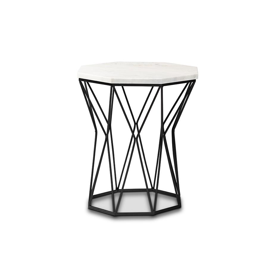 Venedict Modern and Contemporary Black Metal End Table with Marble Tabletop