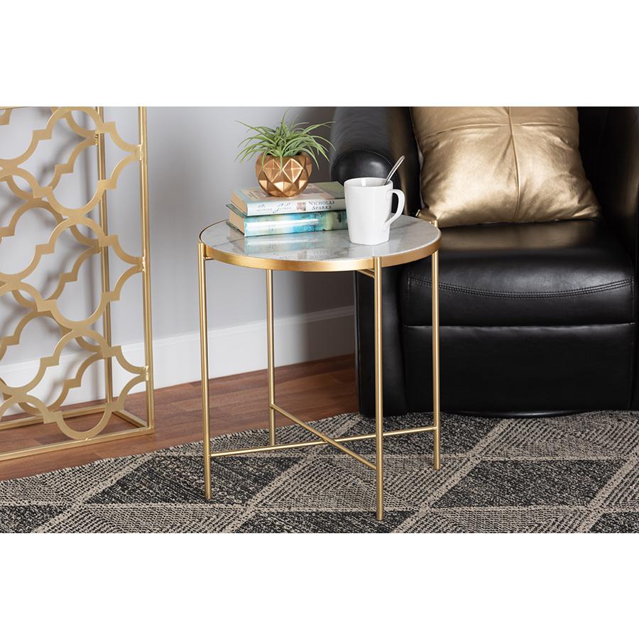 Gold Finished Metal End Table with Marble Tabletop