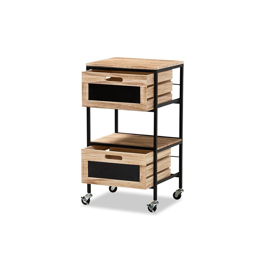 Industrial Oak Brown Finished Wood and Black Metal 2-Drawer End Table