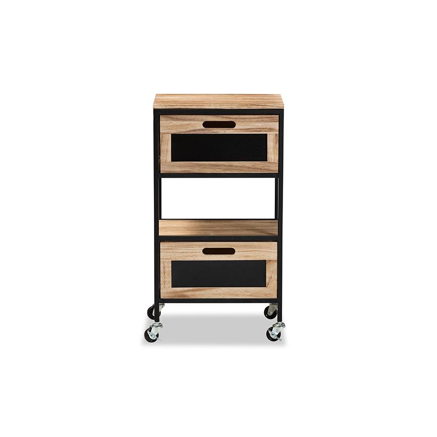 Industrial Oak Brown Finished Wood and Black Metal 2-Drawer End Table