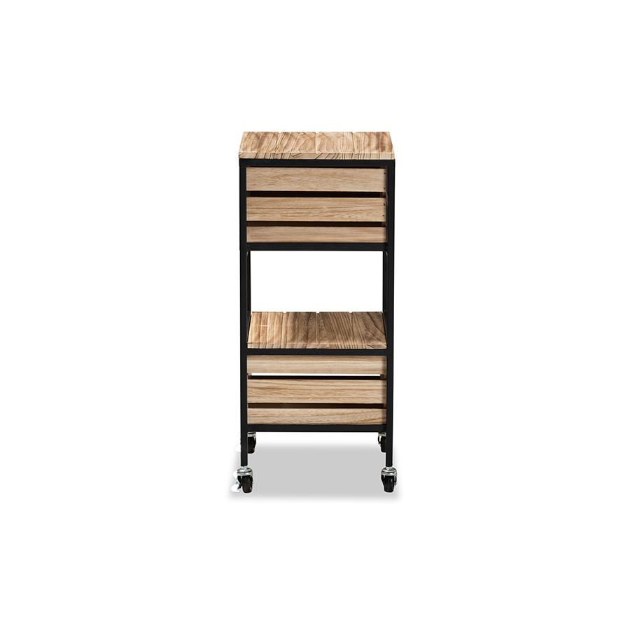 Industrial Oak Brown Finished Wood and Black Metal 2-Drawer End Table