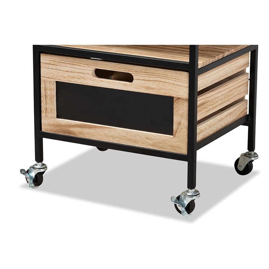 Industrial Oak Brown Finished Wood and Black Metal 2-Drawer End Table
