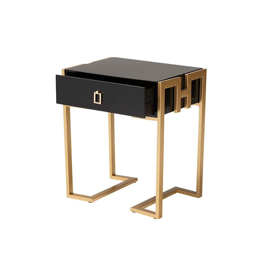 Luna Contemporary Glam and Luxe Black Finished Wood and Gold Metal End Table