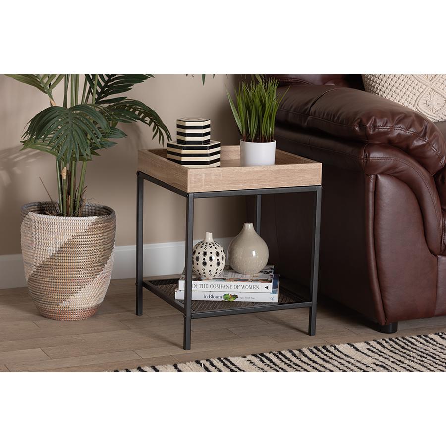 Overton Modern Industrial Oak Brown Finished Wood and Black Metal End Table
