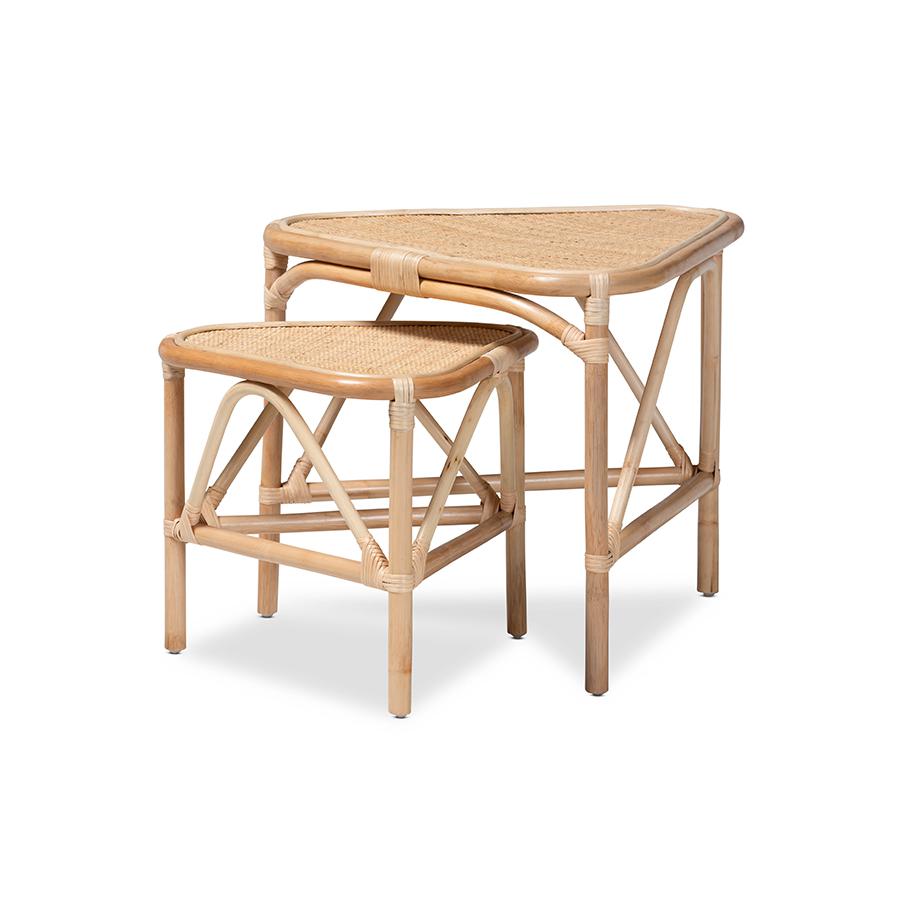 Bohemian Natural Brown Finished Rattan 2-Piece End Table Set