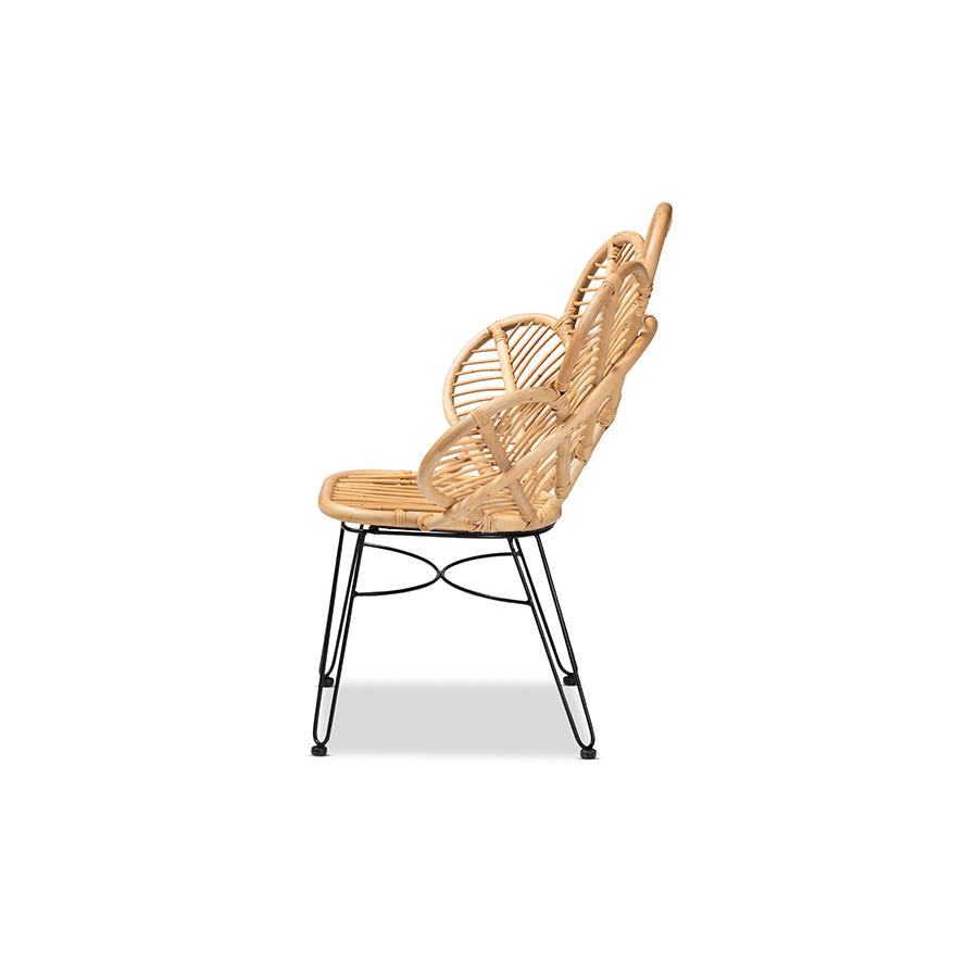 Bohemian Natural Brown Rattan and Black Metal Accent Chair