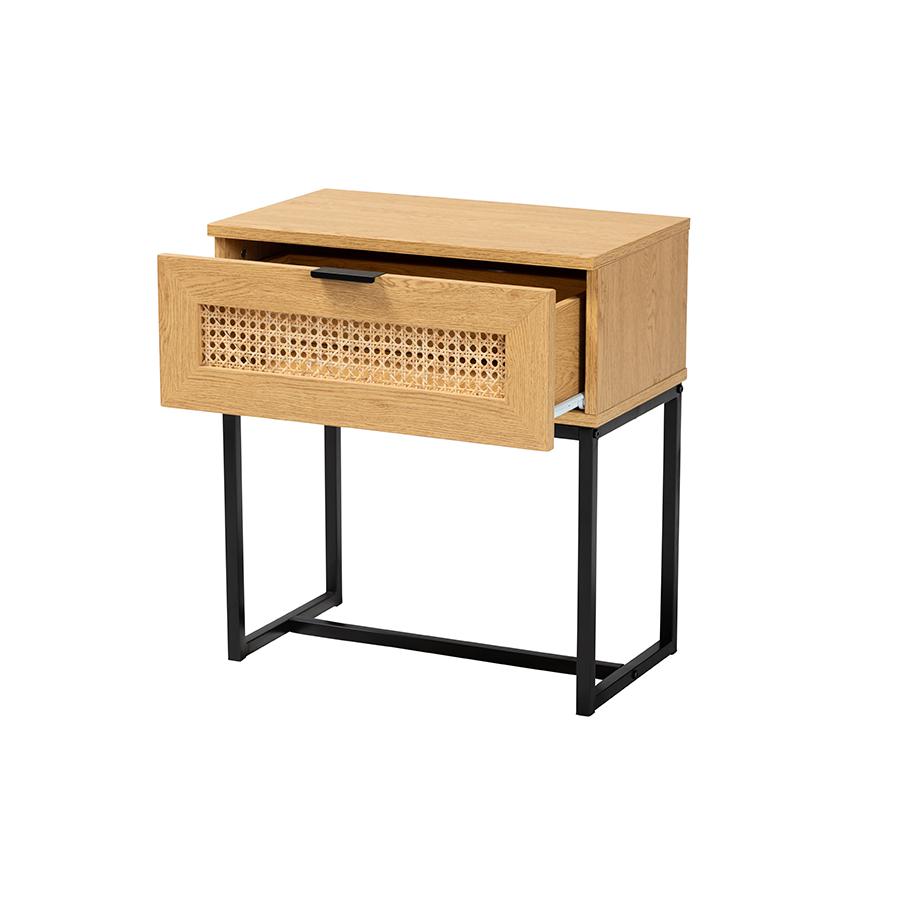 Black Metal 1-Drawer End Table with Natural Rattan