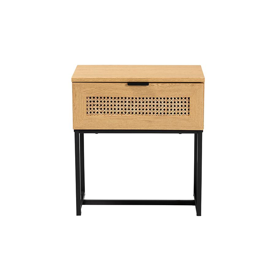 Black Metal 1-Drawer End Table with Natural Rattan