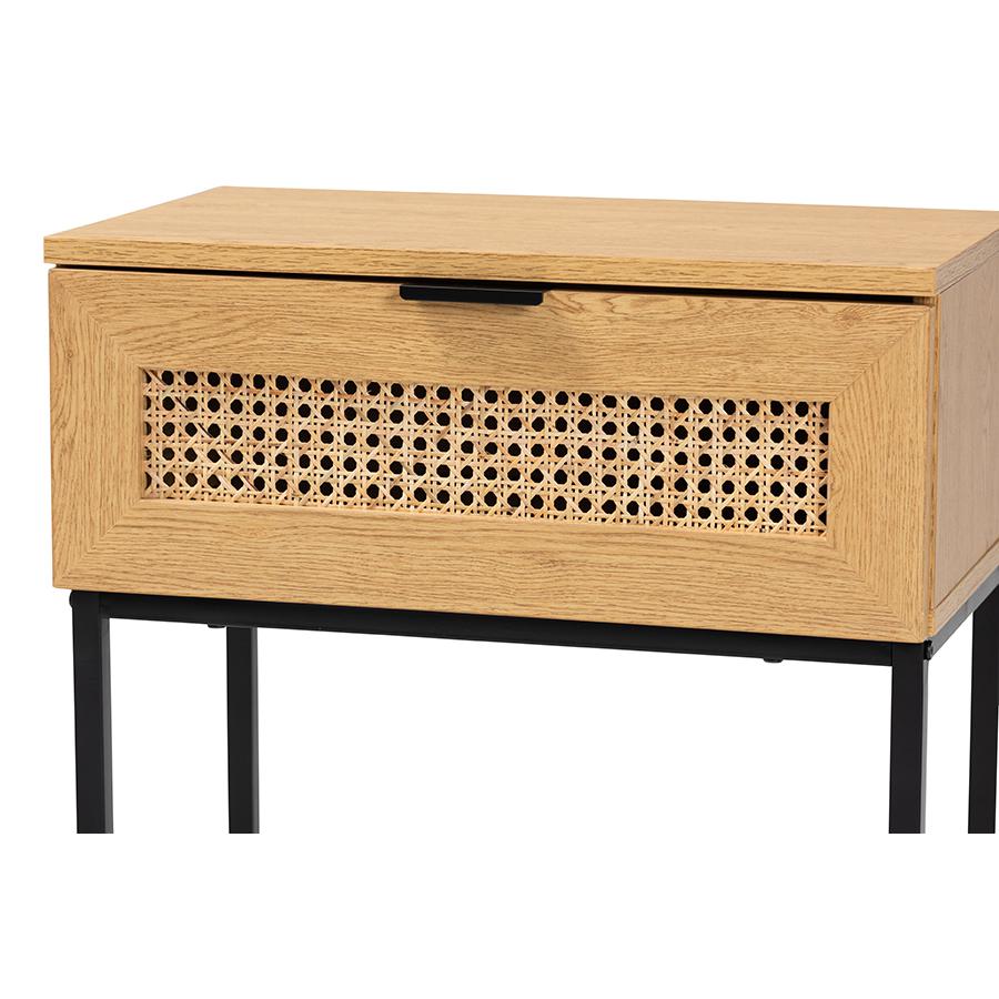 Black Metal 1-Drawer End Table with Natural Rattan