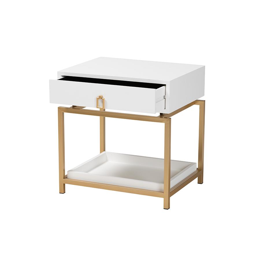Glam and Luxe White Finished Wood and Gold Metal 1-Drawer End Table
