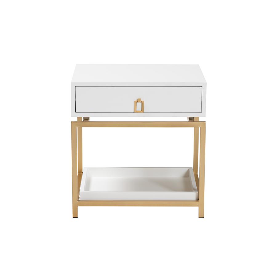 Glam and Luxe White Finished Wood and Gold Metal 1-Drawer End Table