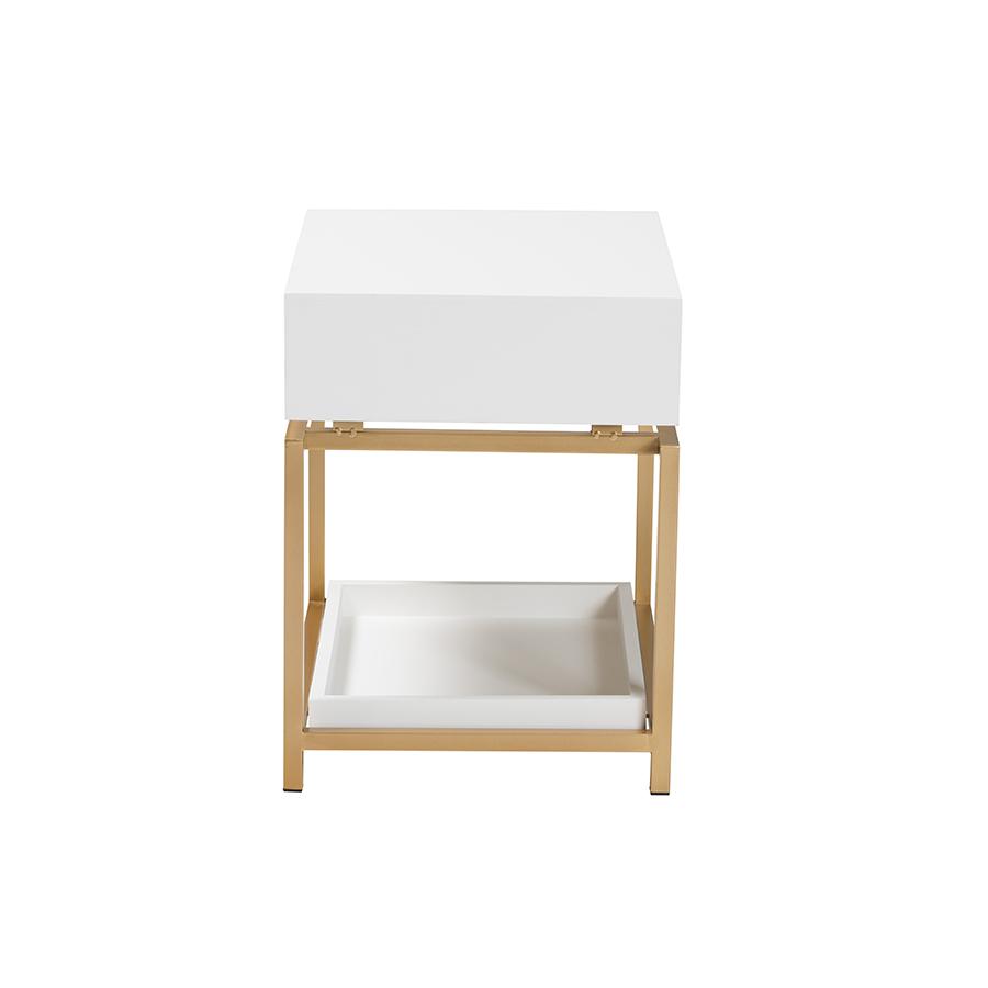 Glam and Luxe White Finished Wood and Gold Metal 1-Drawer End Table