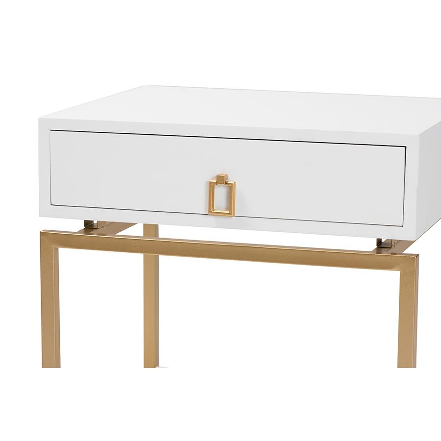 Glam and Luxe White Finished Wood and Gold Metal 1-Drawer End Table