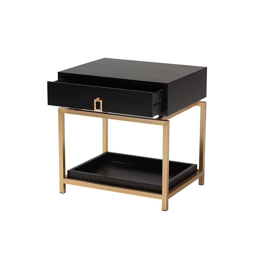 Glam and Luxe Black Finished Wood and Gold Metal 1-Drawer End Table