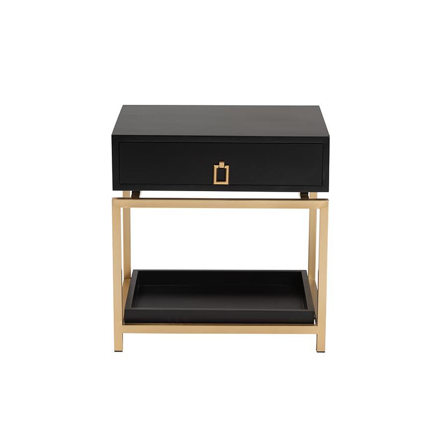 Glam and Luxe Black Finished Wood and Gold Metal 1-Drawer End Table
