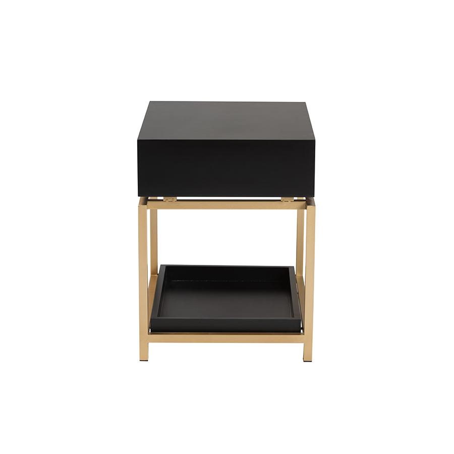 Glam and Luxe Black Finished Wood and Gold Metal 1-Drawer End Table