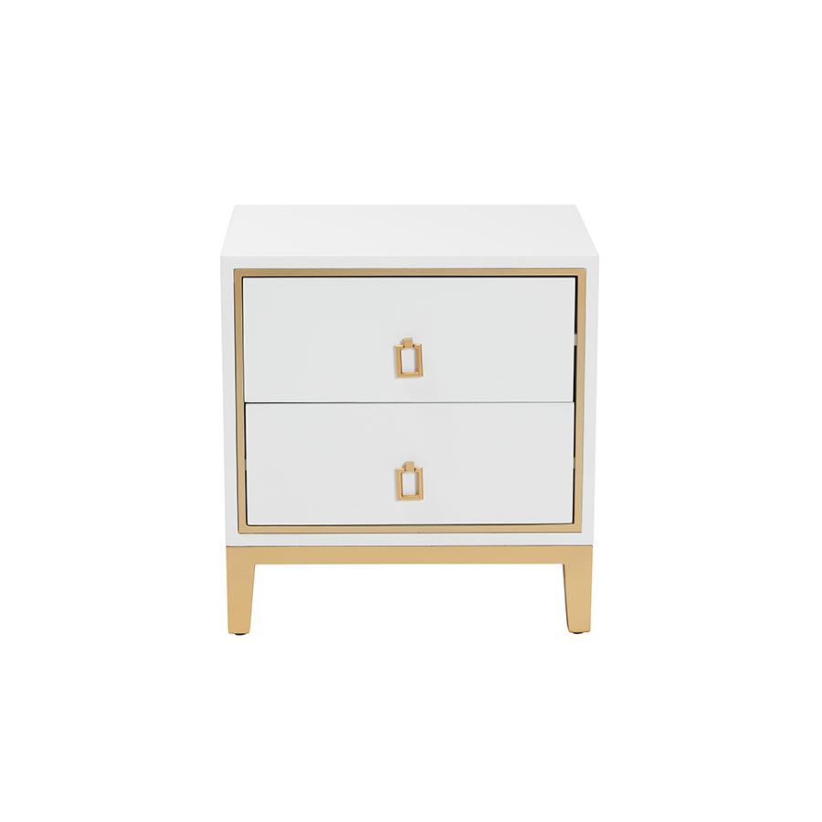 Glam and Luxe White Finished Wood and Gold Metal 2-Drawer End Table