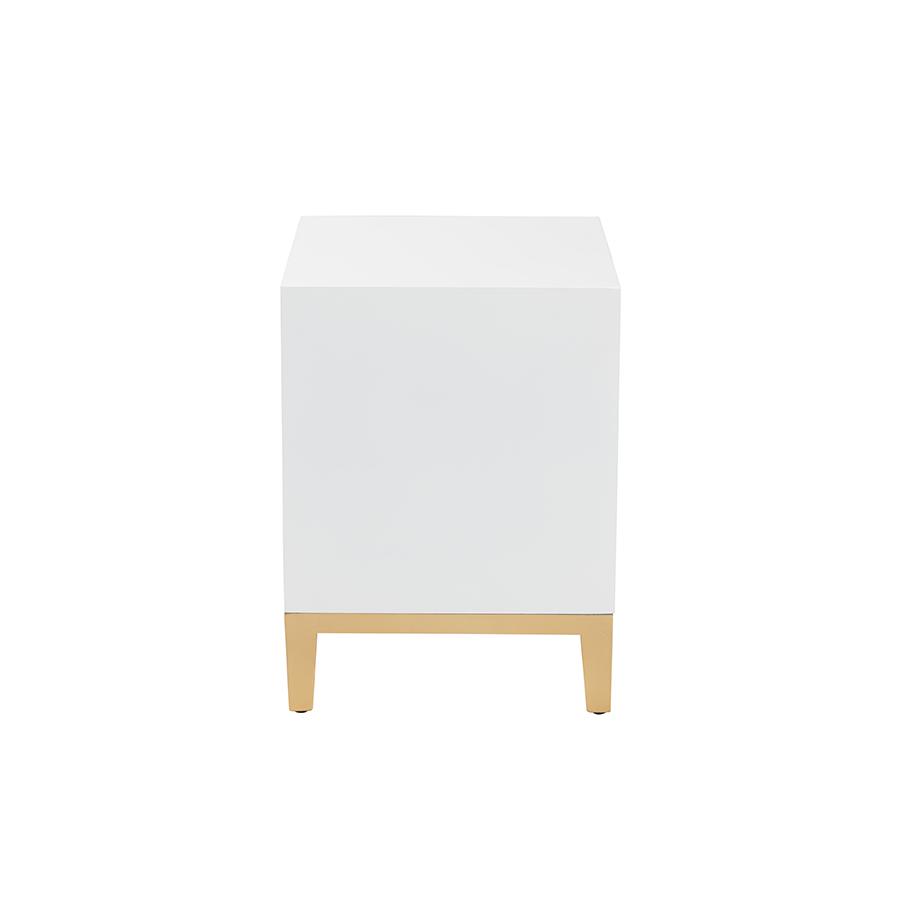 Glam and Luxe White Finished Wood and Gold Metal 2-Drawer End Table