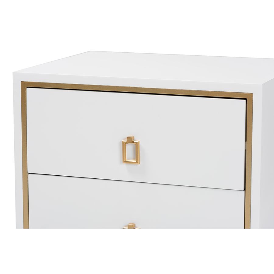 Glam and Luxe White Finished Wood and Gold Metal 2-Drawer End Table