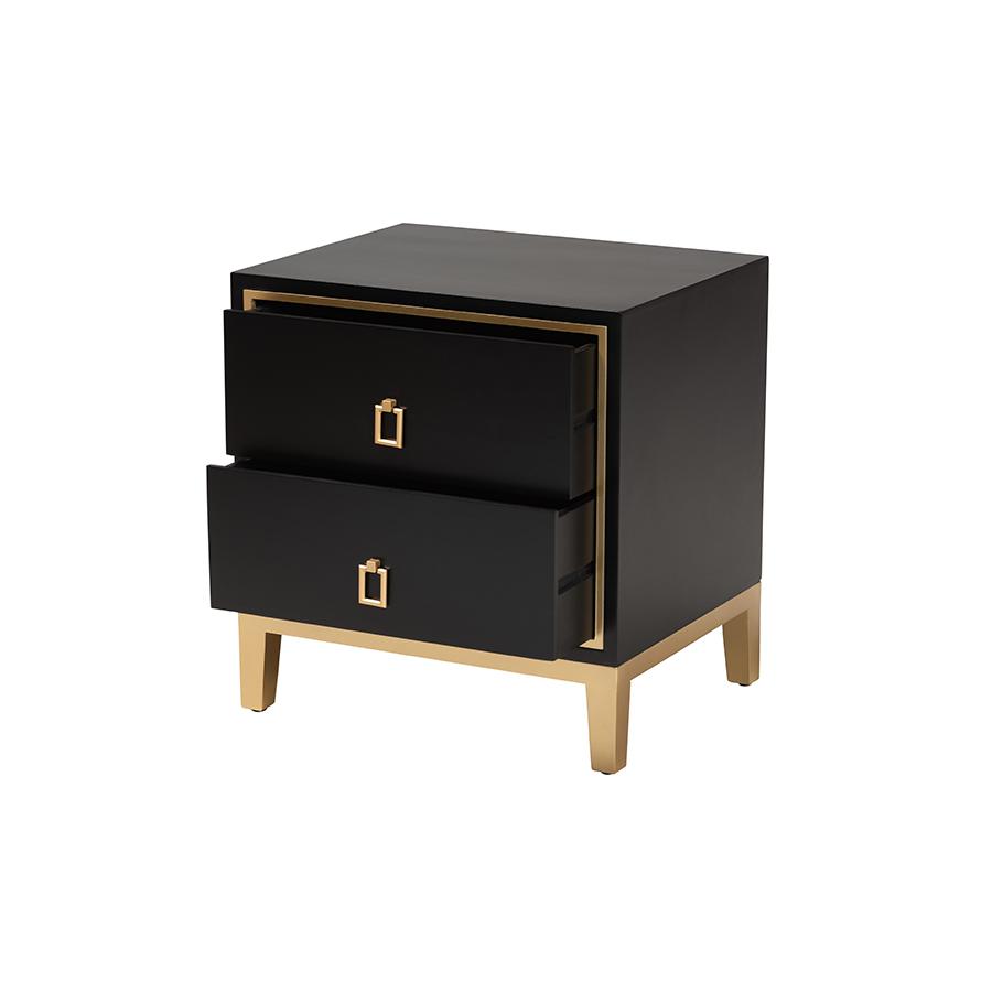 Glam and Luxe Black Finished Wood and Gold Metal 2-Drawer End Table
