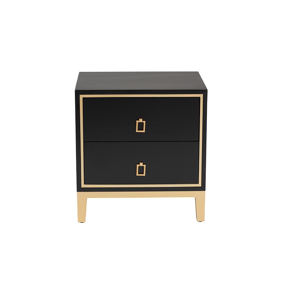 Glam and Luxe Black Finished Wood and Gold Metal 2-Drawer End Table