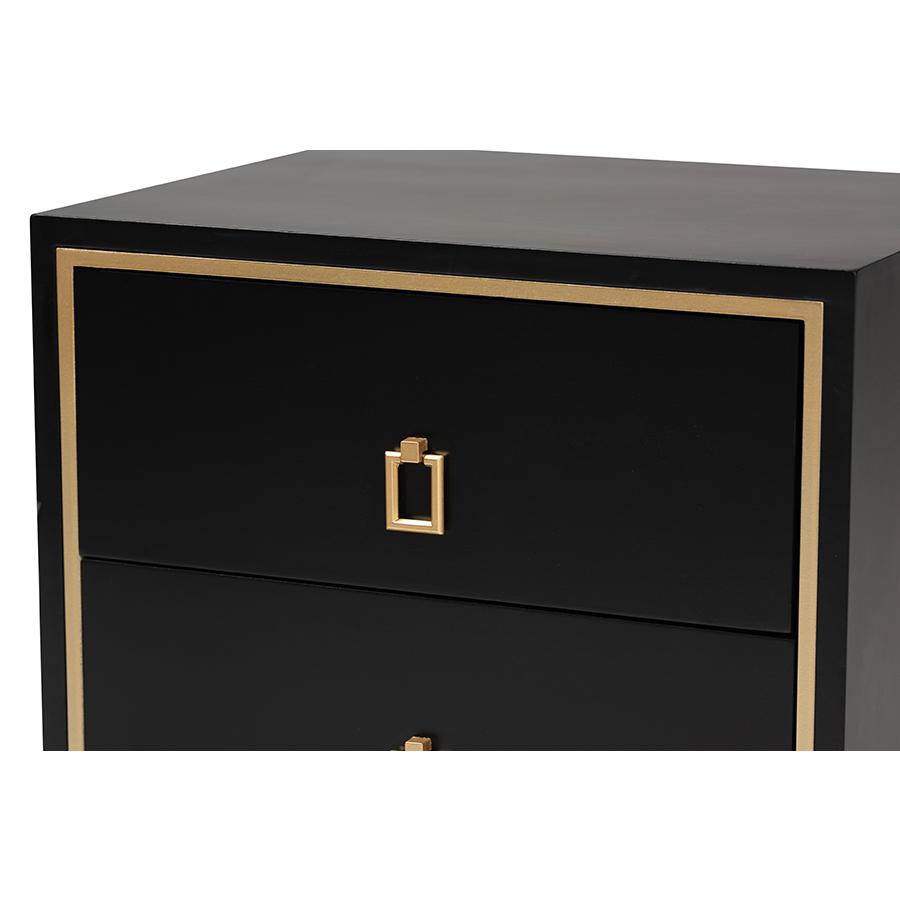 Glam and Luxe Black Finished Wood and Gold Metal 2-Drawer End Table