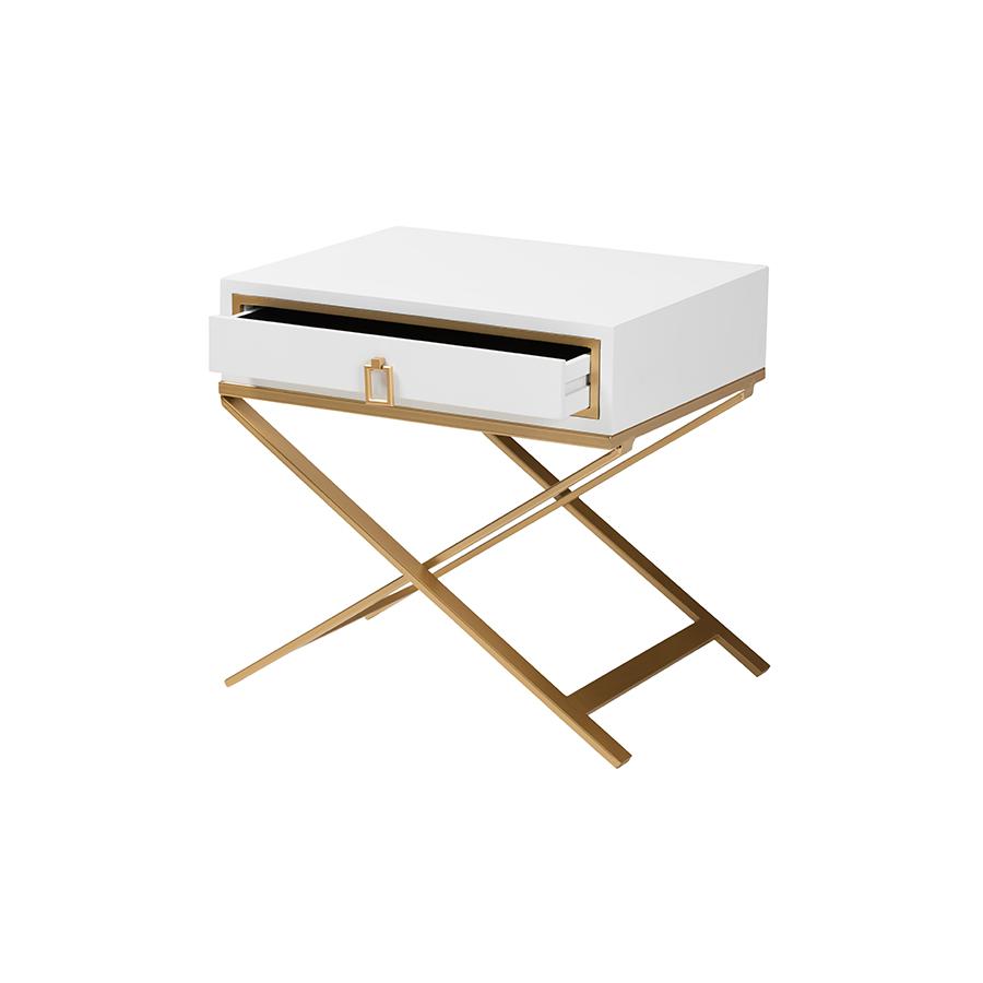Glam and Luxe White Finished Wood and Gold Metal 1-Drawer End Table