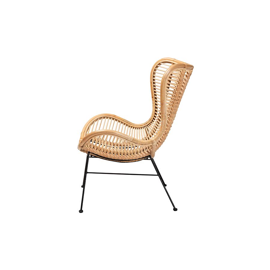 Bohemian Natural Brown Rattan and Black Metal Accent Chair