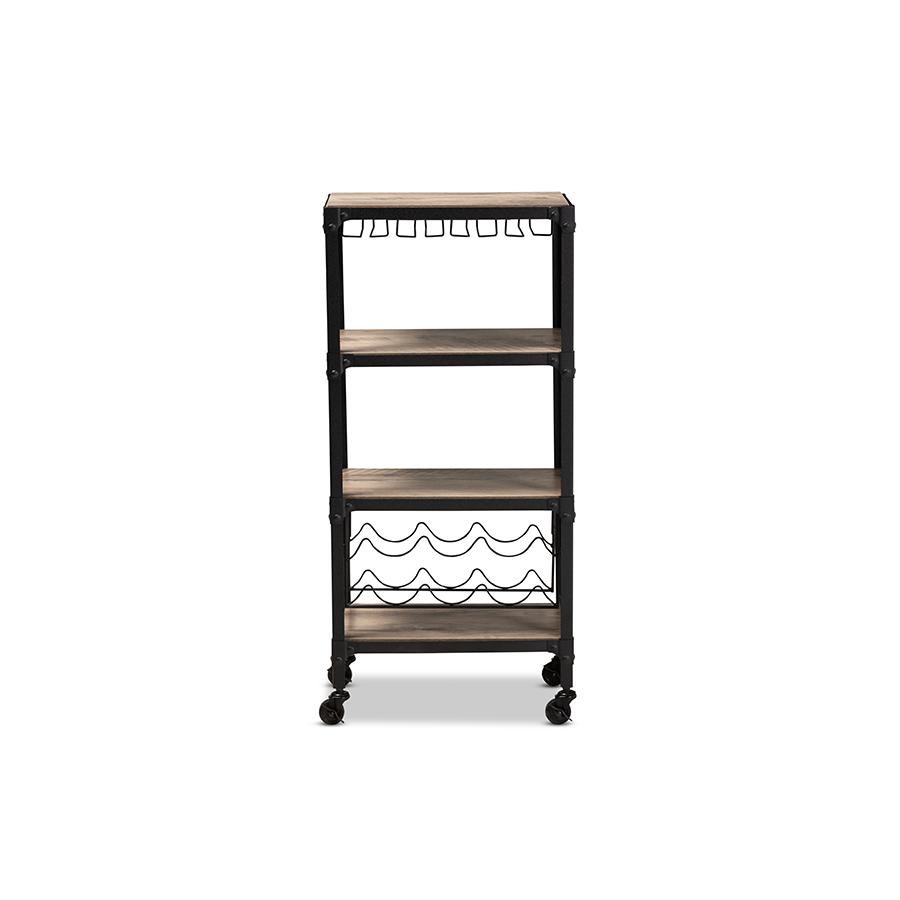 Textured Metal Distressed Oak Finished Wood Mobile Kitchen Bar Wine Cart