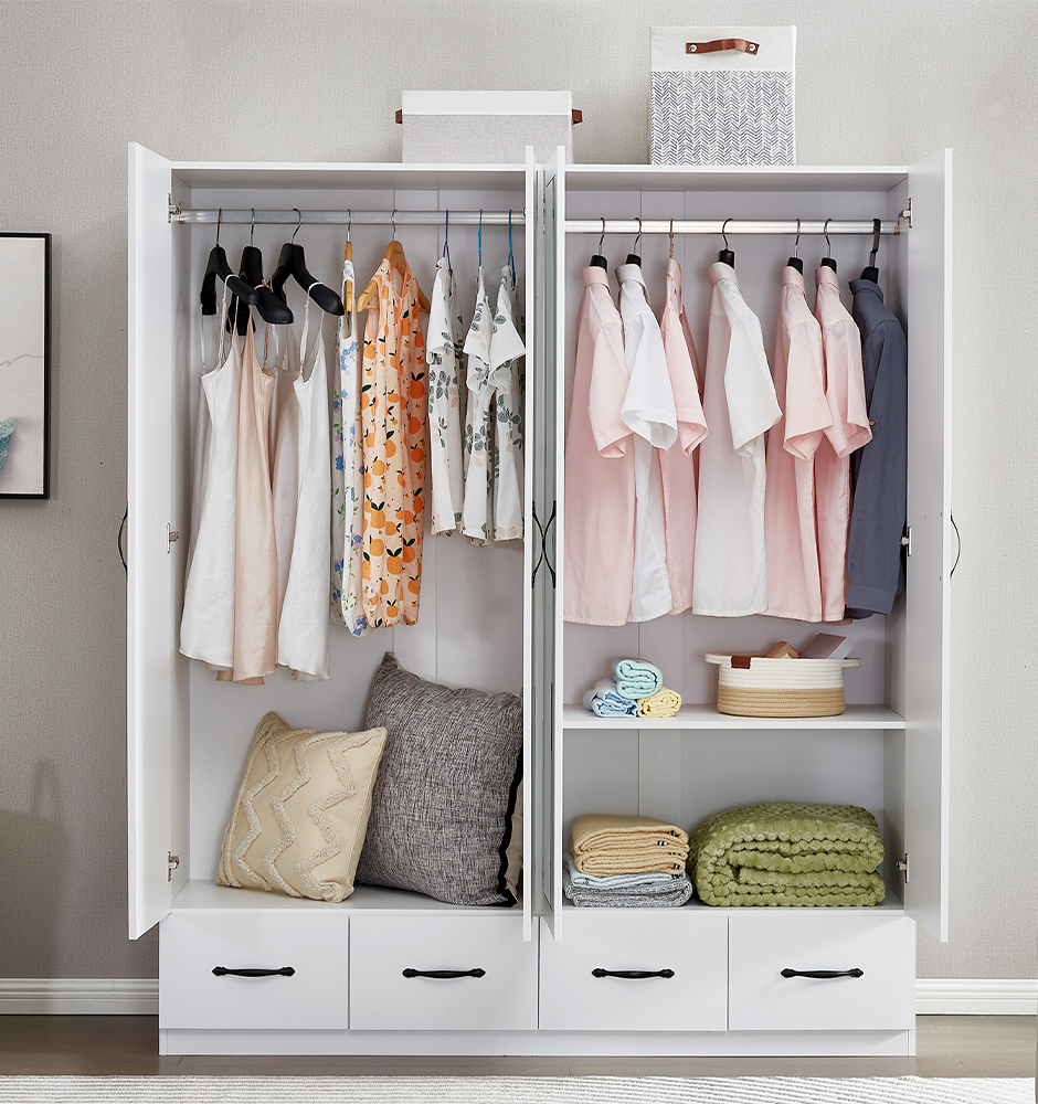Mirror Wardrobe Closet 4 Doors White Wooden Freestanding Armoire Wardrobe Closet Bedroom Storage Wardrobe Cabinet Bathroom Clothes Storage Shelf with Hanging Rod Clothes Organizer