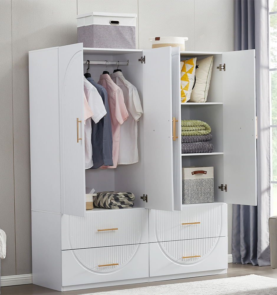 LivelyLodge 74.2 H 4 Doors White Wooden Armoire Wardrobe Closet Bedroom Freestanding Storage Closet Armoire Cabinet Bathroom Storage Clothes Organizer Shelf with Hanging Rod Gold Handles