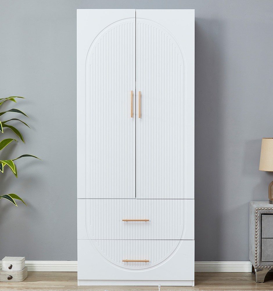 LivelyLodge 74.2 H White 2 Doors 2 Drawers Modern Wooden Armoire Wardrobe Bedroom Freestanding Closet Storage Cabinet Clothes Organizer Bathroom Storage with Hanging Rod Wardrobe Closet